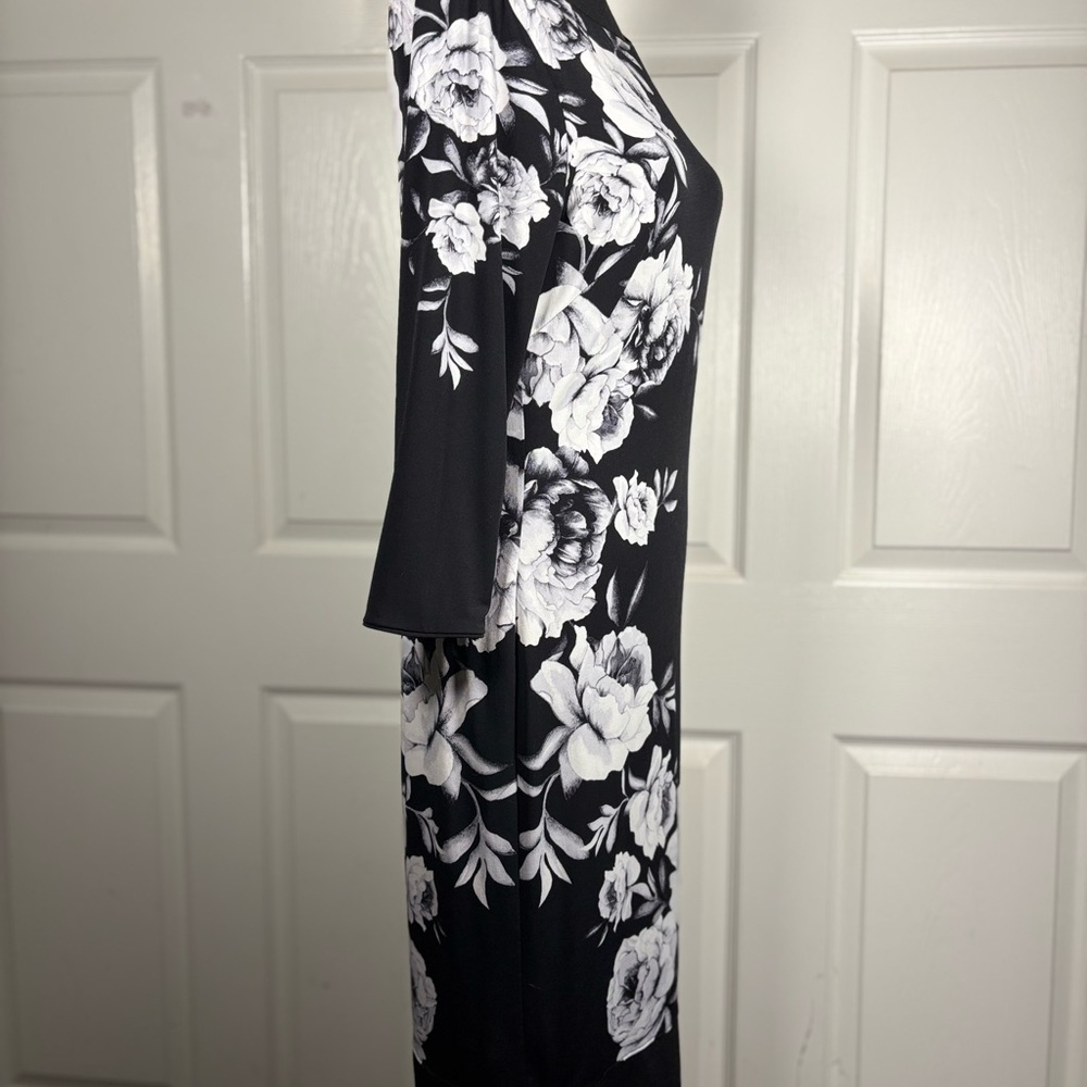 White House Black Market Asymmetrical Black Dress with White Floral Design - Picture 6 of 13